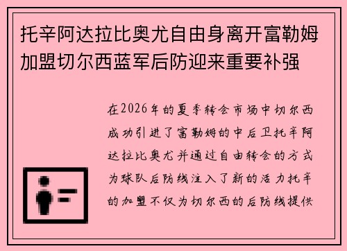 托辛阿达拉比奥尤自由身离开富勒姆加盟切尔西蓝军后防迎来重要补强
